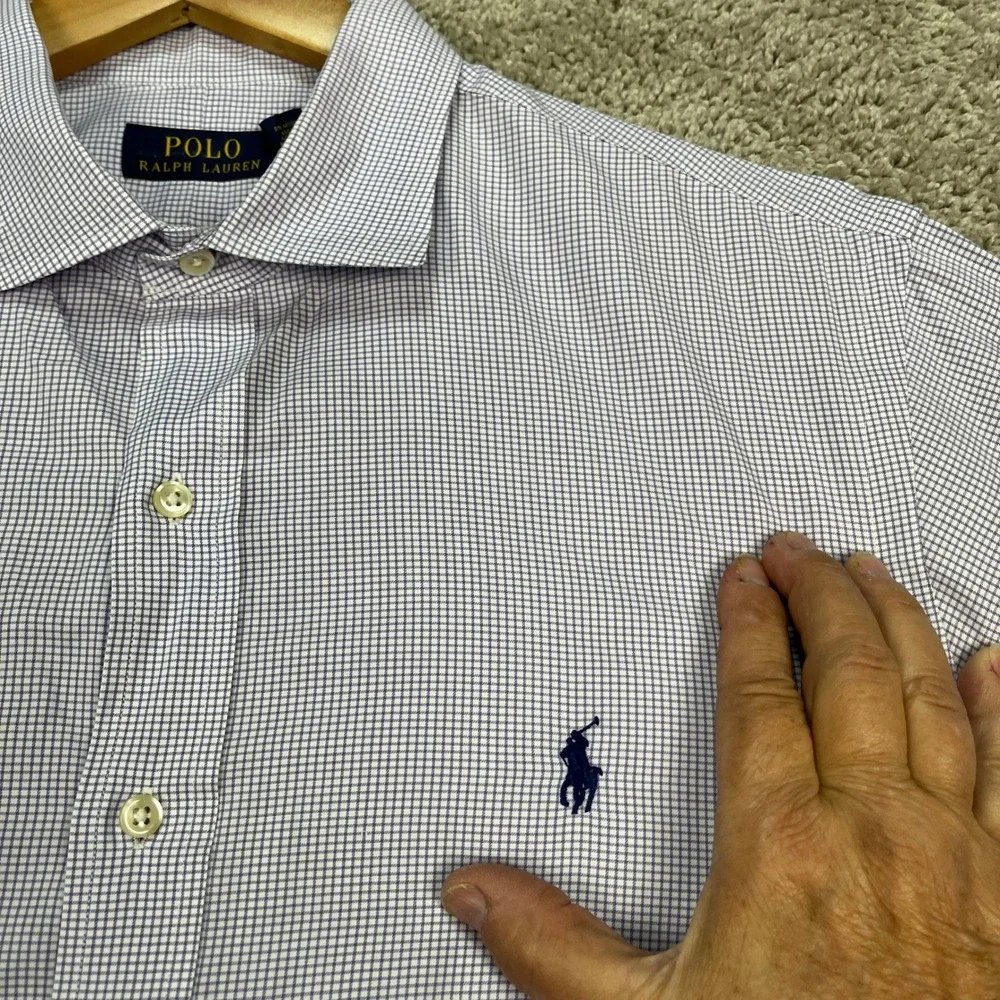 Polo Ralph Lauren Button Down Shirt Mens 16.5 32-33 Purple White Grid Check PONY